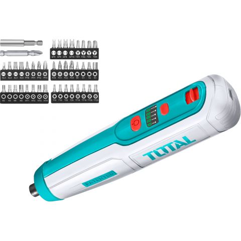 Total Mini cordless screwdriver, 4 V, USB charging, with TOTAL bit set Total Mini cordless screwdriver, 4 V, USB charging, with TOTAL bit set