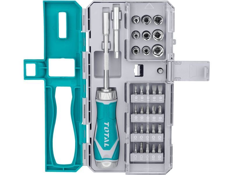 Total Ratchet screwdriver with nuts and points, set of 33 pieces, industrial