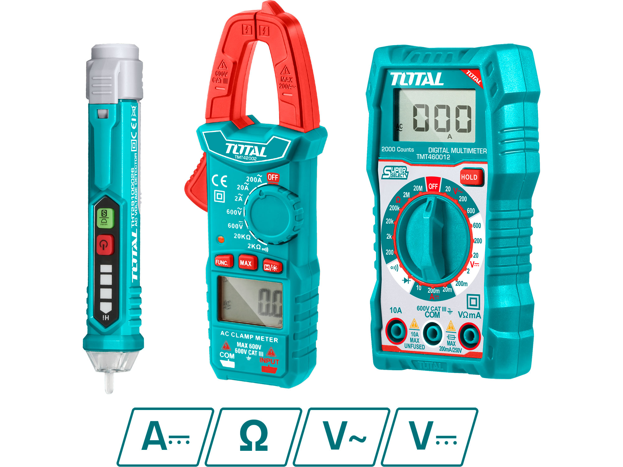 Set consisting of digital multimeter, clamp multimeter and AC voltage tester, Total Set consisting of digital multimeter, clamp multimeter and AC voltage tester, Total